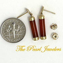 Load image into Gallery viewer, 14K Solid Yellow Gold Blessedness Dangle Tube-Shaped Red Jade Post Earrings