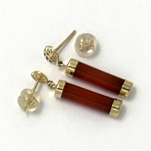 Load image into Gallery viewer, 14K Solid Yellow Gold Blessedness Dangle Tube-Shaped Red Jade Post Earrings