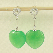 Load image into Gallery viewer, 14K White Gold Diamond Green Jade Heart Dangle Earrings