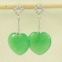 Load image into Gallery viewer, 14K White Gold Diamond Green Jade Heart Dangle Earrings