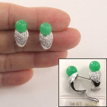 Load image into Gallery viewer, 14K White Gold Diamonds Green Jade Omega Back Earrings