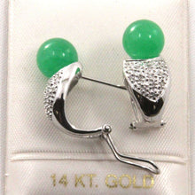 Load image into Gallery viewer, 14K White Gold Diamonds Green Jade Omega Back Earrings