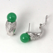 Load image into Gallery viewer, 14K White Gold Diamonds Green Jade Omega Back Earrings