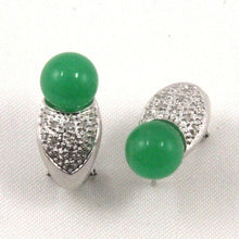 Load image into Gallery viewer, 14K White Gold Diamonds Green Jade Omega Back Earrings