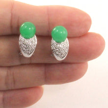 Load image into Gallery viewer, 14K White Gold Diamonds Green Jade Omega Back Earrings