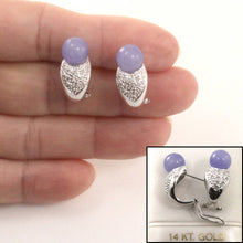 Load image into Gallery viewer, 14K White Gold Diamonds Lavender Jade Omega Back Earrings