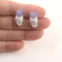 Load image into Gallery viewer, 14K White Gold Diamonds Lavender Jade Omega Back Earrings