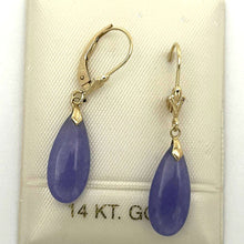 Load image into Gallery viewer, 14K Yellow Gold Flat Raindrop Lavender Jade Earrings