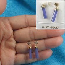 Load image into Gallery viewer, 14K Yellow Gold Good Fortune Dangle Tube Lavender Jade Earrings