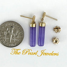 Load image into Gallery viewer, 14K Yellow Gold Good Fortune Dangle Tube Lavender Jade Earrings