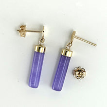 Load image into Gallery viewer, 14K Yellow Gold Good Fortune Dangle Tube Lavender Jade Earrings