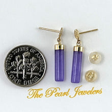 Load image into Gallery viewer, 14K Yellow Gold Good Fortune Dangle Tube Lavender Jade Earrings