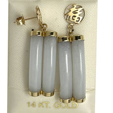 Load image into Gallery viewer, 14K Yellow Gold “Good Luck” Celadon Green Curve Twin Tube Jadeite Earrings