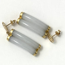 Load image into Gallery viewer, 14K Yellow Gold “Good Luck” Celadon Green Curve Twin Tube Jadeite Earrings