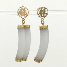 Load image into Gallery viewer, 14K Yellow Gold “Good Luck” Celadon Green Curve Twin Tube Jadeite Earrings