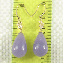 Load image into Gallery viewer, 14K Yellow Gold Hawaiian Plumeria Raindrop Lavender Jade Hook Earrings
