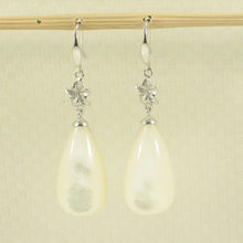 Load image into Gallery viewer, 14K White Gold Hawaiian Plumeria Raindrop Mother of Pearl Hook Earrings