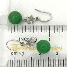 Load image into Gallery viewer, 14K White Gold Hawaiian Plumeria Round Green Jade Hook Earrings