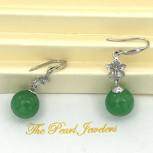 Load image into Gallery viewer, 14K White Gold Hawaiian Plumeria Round Green Jade Hook Earrings