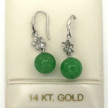 Load image into Gallery viewer, 14K White Gold Hawaiian Plumeria Round Green Jade Hook Earrings