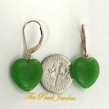 Load image into Gallery viewer, 14K Rose Gold Heart-Shaped Green Jade Drop Earrings