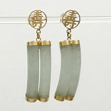 Load image into Gallery viewer, 14K Yellow Gold "Longevity" Celadon Green Curve Twin Tube Jadeite Earrings