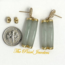 Load image into Gallery viewer, 14K Yellow Gold "Longevity" Celadon Green Curve Twin Tube Jadeite Earrings