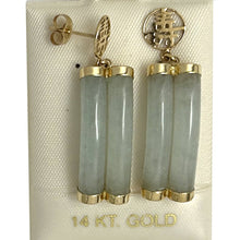 Load image into Gallery viewer, 14K Yellow Gold "Longevity" Celadon Green Curve Twin Tube Jadeite Earrings