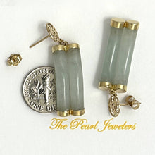 Load image into Gallery viewer, 14K Yellow Gold "Longevity" Celadon Green Curve Twin Tube Jadeite Earrings