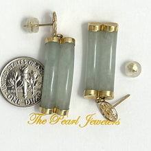 Load image into Gallery viewer, 14K Yellow Gold "Longevity" Celadon Green Curve Twin Tube Jadeite Earrings