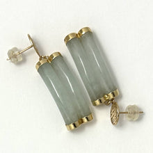 Load image into Gallery viewer, 14K Yellow Gold "Longevity" Celadon Green Curve Twin Tube Jadeite Earrings