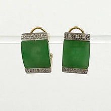 Load image into Gallery viewer, 14K Yellow Gold Omega Clip Diamond Green Jade Earrings
