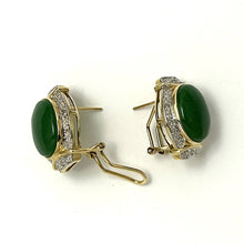 Load image into Gallery viewer, 14K Yellow Gold Omega Clip Diamond Green Jade Earrings