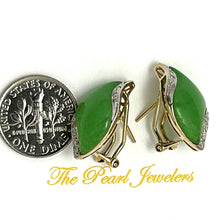 Load image into Gallery viewer, 14K Yellow Gold Omega Clip Diamond Green Jade Earrings