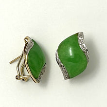 Load image into Gallery viewer, 14K Yellow Gold Omega Clip Diamond Green Jade Earrings