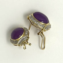 Load image into Gallery viewer, 14K Yellow Gold Omega Clip Diamond Lavender Jade Earrings
