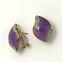 Load image into Gallery viewer, 14K Yellow Gold Omega Clip Diamond Lavender Jade Earrings