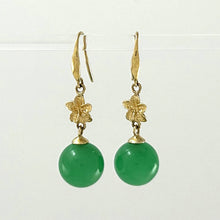 Load image into Gallery viewer, 14K Yellow Gold Hawaiian Plumeria Green Jade Hook Earrings