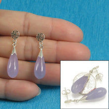 Load image into Gallery viewer, Solid Silver 925 Oriental Raindrop Lavender Jade Dangle Stud Earrings