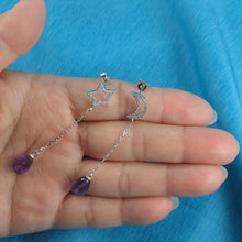 Load image into Gallery viewer, Solid Sterling Silver 925 Moon & Star Amethyst & Cubic Zirconia Earrings