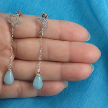 Load image into Gallery viewer, Solid Sterling Silver 925 Moon & Star Aquamarine & Cubic Zirconia Earrings