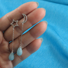 Load image into Gallery viewer, Solid Sterling Silver 925 Moon & Star Aquamarine & Cubic Zirconia Earrings