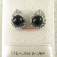 Load image into Gallery viewer, Solid Sterling Silver 925 Black Onyx & CZ Flower Stud Earrings