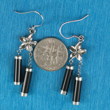 Load image into Gallery viewer, Solid Sterling Silver 925 Hawaiian Plumeria Black Onyx Tube Hook Earrings