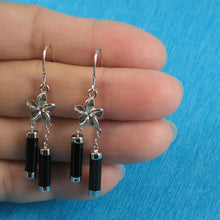Load image into Gallery viewer, Solid Sterling Silver 925 Hawaiian Plumeria Black Onyx Tube Hook Earrings