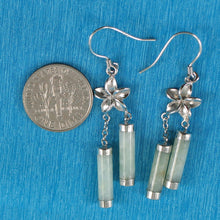 Load image into Gallery viewer, Solid Sterling Silver 925 Hawaiian Plumeria Green Jade Tube Hook Earrings