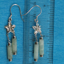 Load image into Gallery viewer, Solid Sterling Silver 925 Hawaiian Plumeria Green Jade Tube Hook Earrings