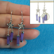 Load image into Gallery viewer, Solid Sterling Silver 925 Hawaiian Plumeria Lavender Jade Tube Hook Earrings