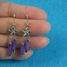 Load image into Gallery viewer, Solid Sterling Silver 925 Hawaiian Plumeria Lavender Jade Tube Hook Earrings