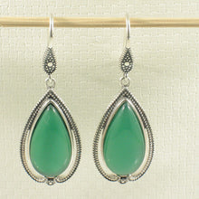 Load image into Gallery viewer, Sterling Silver Green Agate Pear Cabochon Hook Earrings